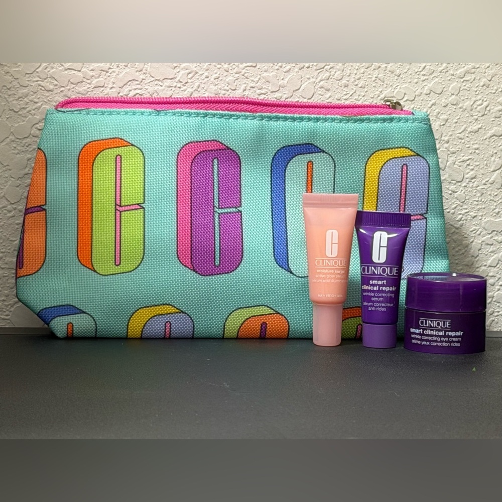 Clinique Cosmetic Bag & Skincare Set - Mint, Pink, Purple, Orange, Yellow